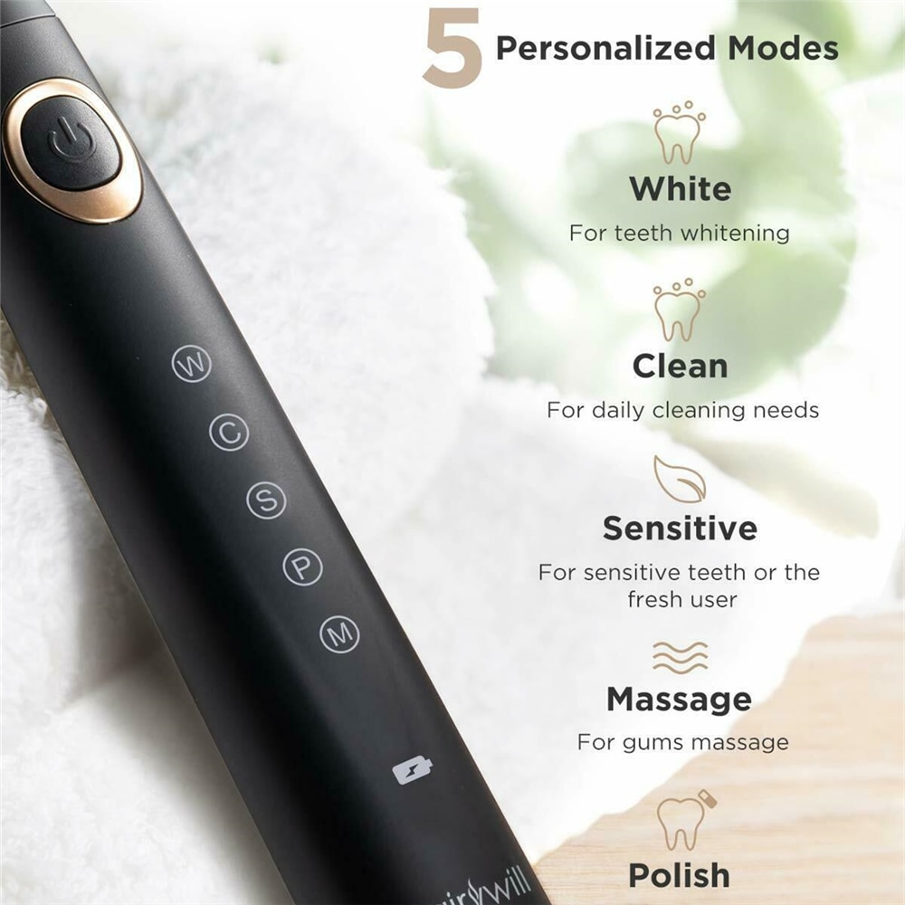 Fairywill Electric Sonic Toothbrush 5 Modes Replacement Heads Waterproof Rechargeable Powerful Cleaning Soft Heads Toothbrush