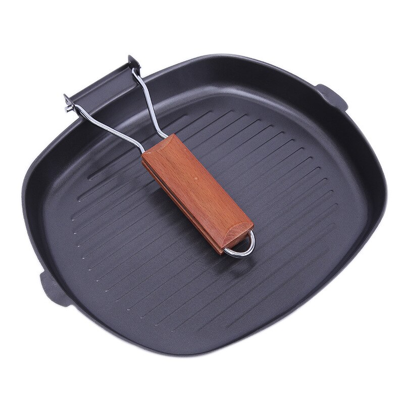 Non-Stick Steak Frying Pan Cast Iron Steak Grill Pans Frying Pan Wooden Handle Folding for Kitchen Fry Cooking Steak