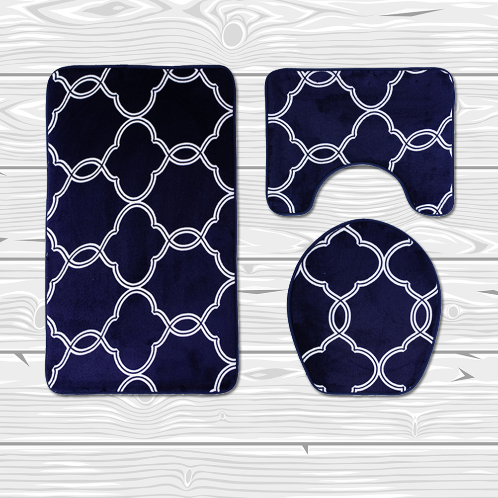 3 in 1 Lantern Pattern Bathroom Mat Set Antiskid Washroom Carpet Mat Toilet Seat Lid Cover (Blue): As Shown