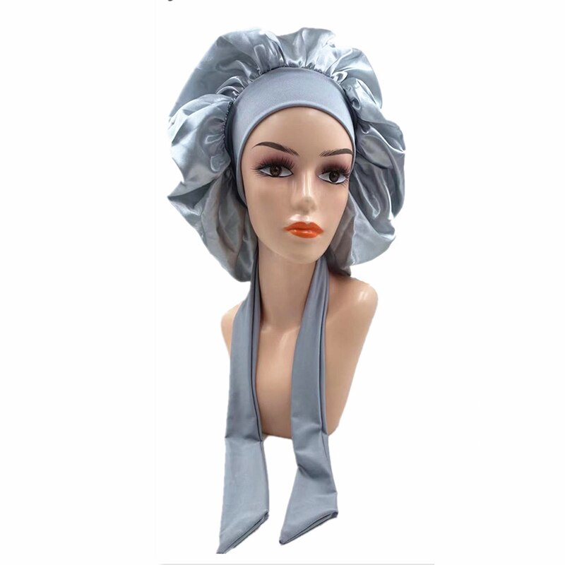 Women Night Sleep Cap Satin Solid Sleeping Hat Hair Care Bonnet Nightcap Unisex Head Cover Caps Shower Turban Wide Elastic Band: Silver