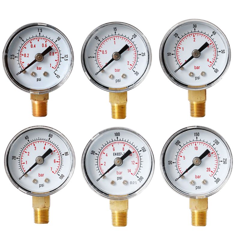 Manomètre à 40mm faces 1/8 " bspt montage inférieur 15,30,60.100,160 200, 300 psi & bar pour air gaz eau carburant liquide