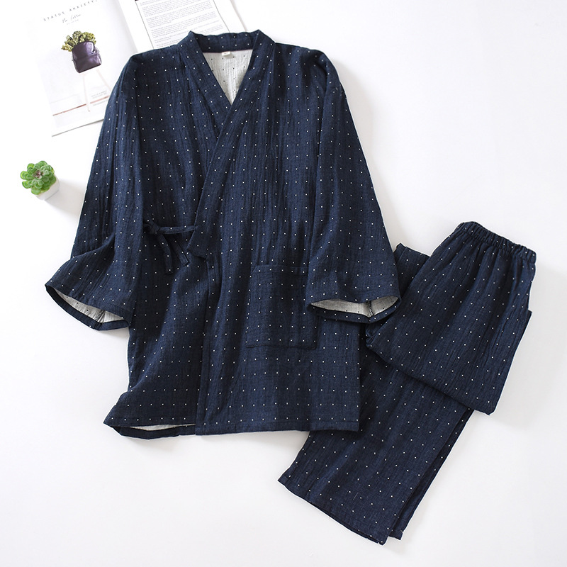 Robe de banho japonês masculino de quimono, roupa de dormir, sauna, spa, Yukata, Haori, Aodai Home camisola, algodão hanfu, pijama macio, tops e calças: L / Preto