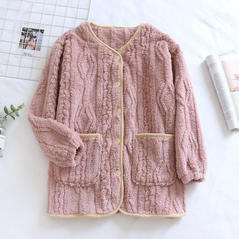 Tops de franela para dormir para mujer, ropa de dormir informal cálida, gruesa y suave, Top cómodo y dulce para estar en casa, Invierno: pink / L
