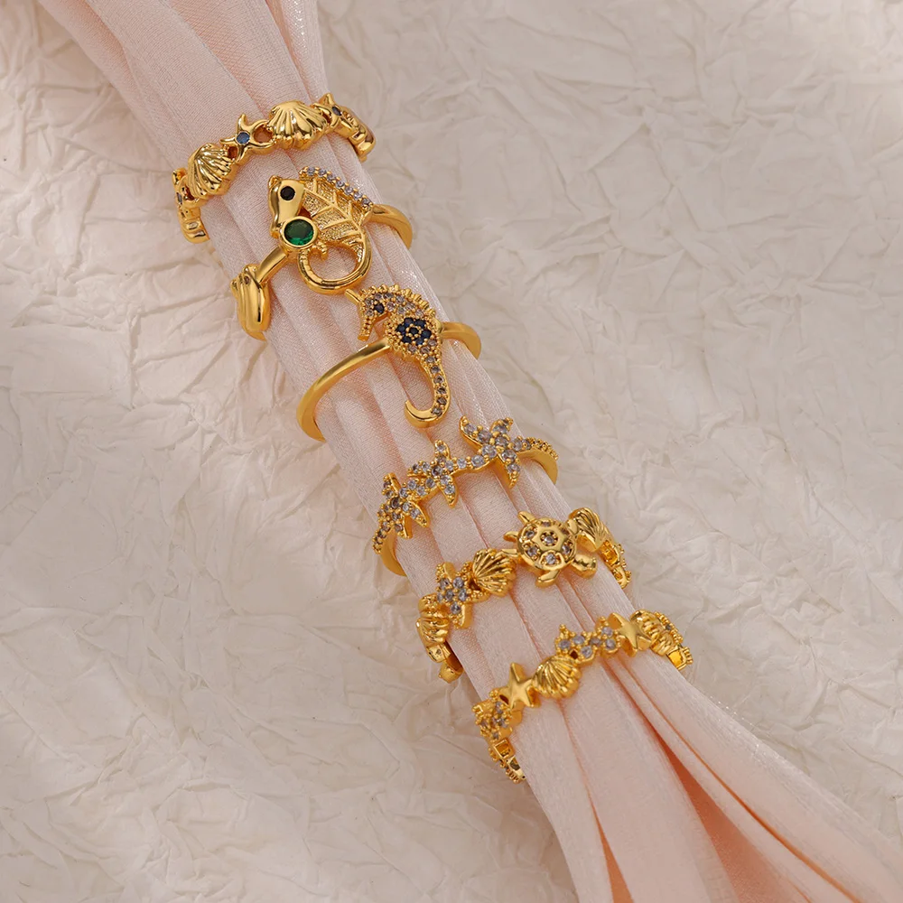 Delicado anillo de circón con concha de estrella de mar, tortuga, mal de ojo, anillo de acero inoxidable para mujer, abalorio dorado antidecoloración, accesorios de joyería,