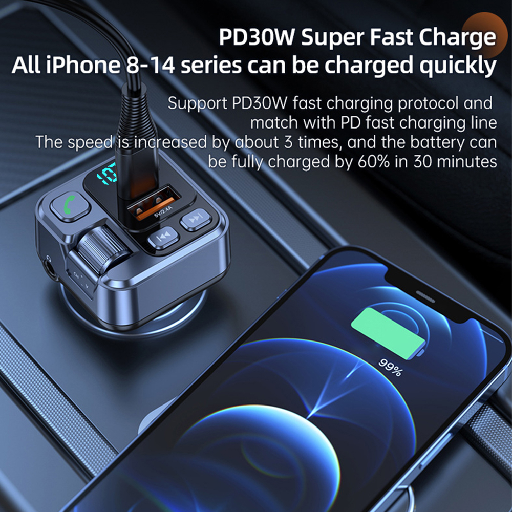 Bluetooth 5.1 bil fm-sender bil  mp3 stereo musikafspiller håndfri 3.5mm aux trådløst bilsæt 30w pd usb-c hurtigoplader