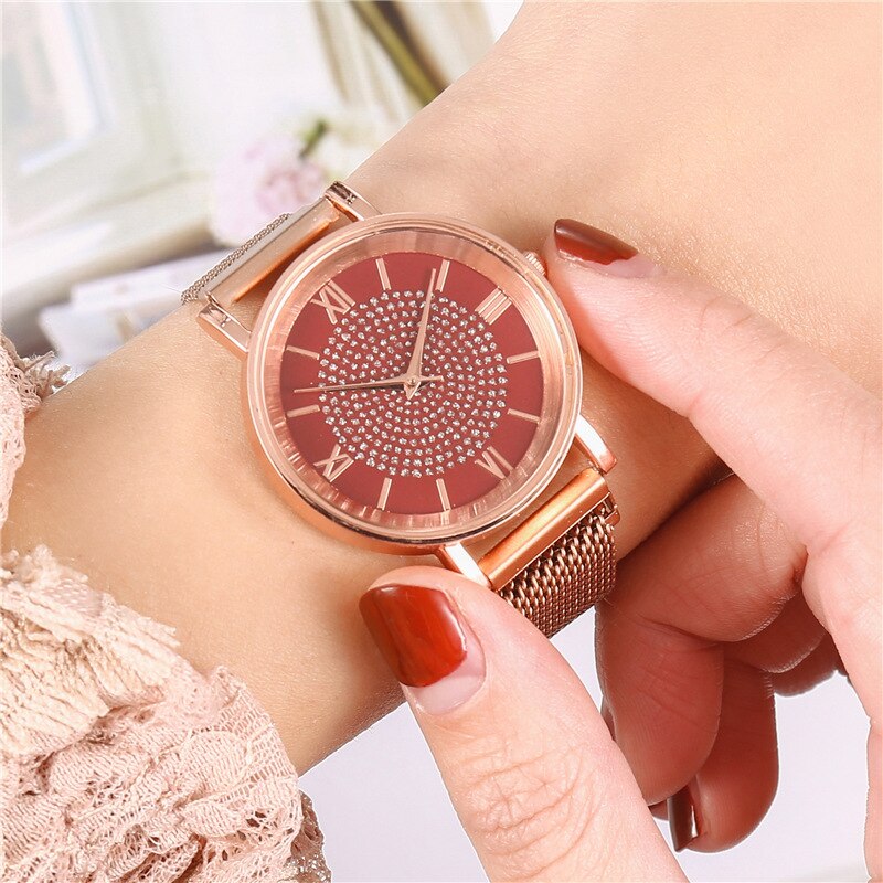 Relojes de de lujo para mujer, elegantes relojes de pulsera de oro para mujer, reloj de pulsera de cuarzo con hebilla magnética de malla inoxidable