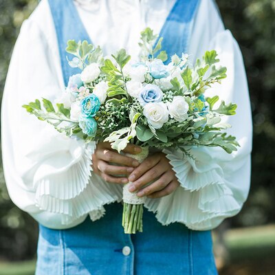 JaneVini Seide Brautjungfer Bouquets Künstliche Pfingstrose Rose Trouw Boeket Kleine Größe Braut Hochzeit Bouquet Griff Braut Blumen: Light Blue Rose