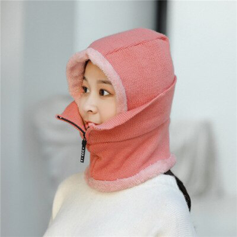 Reißverschluss Frauen Winter Hüte Plüsch Warme Sturmhaube Damen Ring Hütte Mit voll Gesicht Maske Kreative Atmungsaktive Gesichtsmaske: Rosa