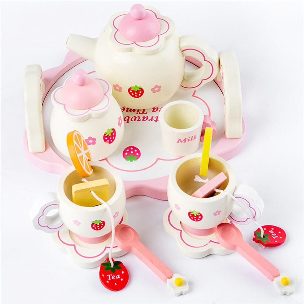 Kids pink analog wooden tea set game house educational toys kitchen tools girls early education puzzle tableware