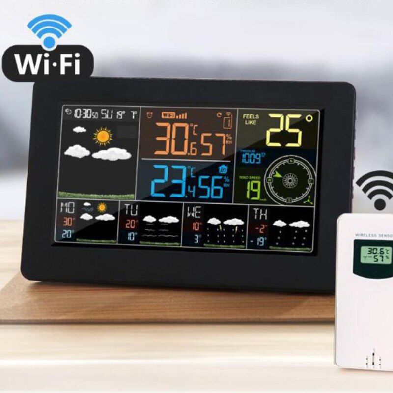 Farve wifi vejrstation vejrmonitor indendørs og udendørs temperatur fugtighed tryk vindhastighed