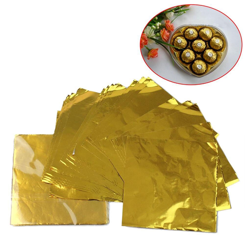 100 piezas de papel de aluminio dorado para envolver dulces, galletas, Chocolate, papel de hojalata para fiestas, papel artesanal de embalaje de con relieve de Metal, 8x8cm