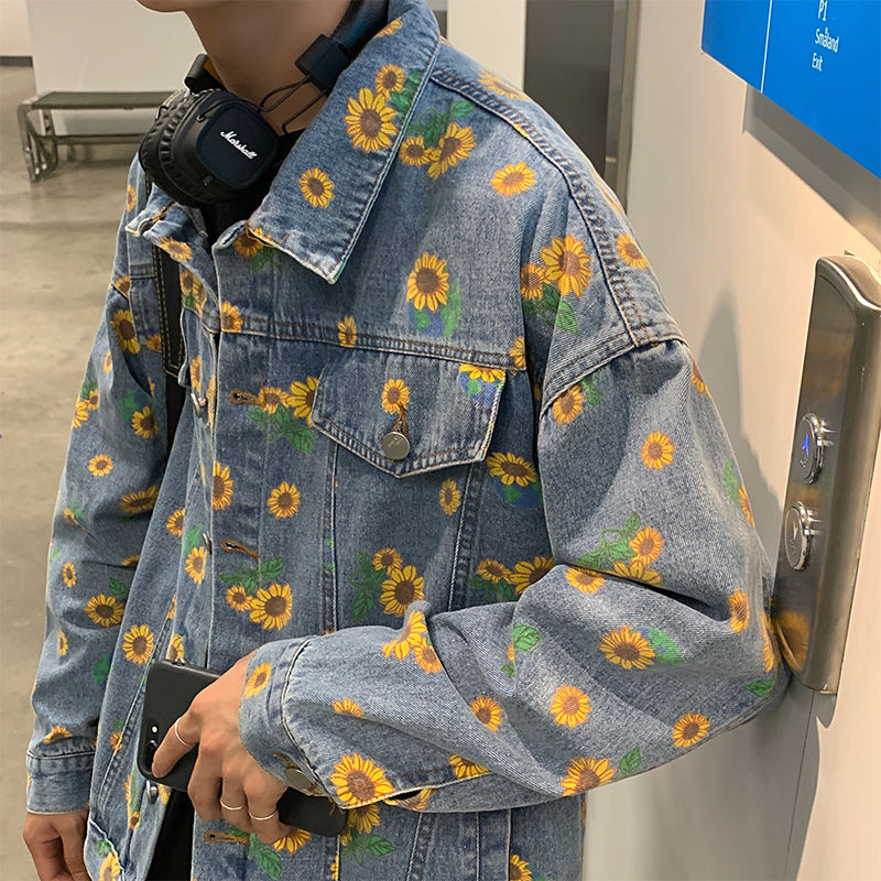 Efterår koreansk blomst denim jakke herre & #39 ;s afslappet retro denim jakker herre streetwear vild løs hip-hop bomber jakke herre