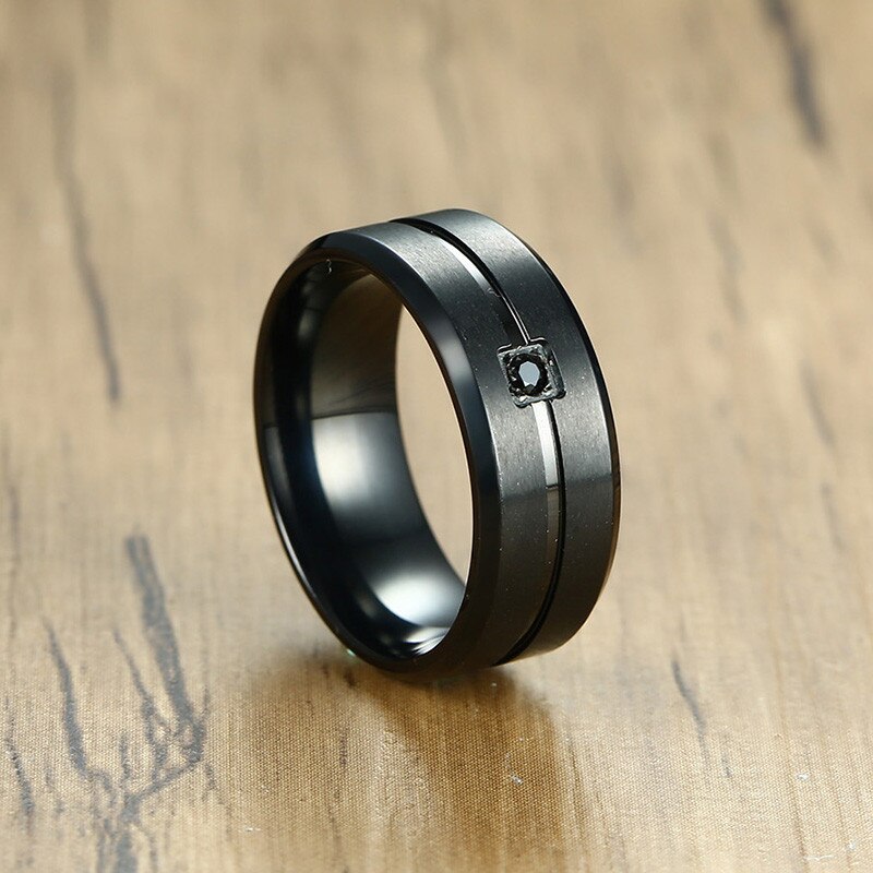 Kotik 8Mm Black Wedding Band Roestvrij Staal En Vierkante Bezel Cz Gegroefde Inlay Mannen Ring Comfort Fit Afgeschuinde Mannelijke sieraden