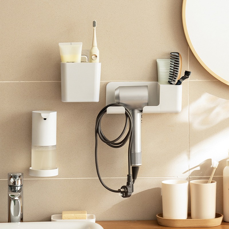 Föhn Houder Muur Badkamer Plank Zonder Boren Plastic Föhn Standaard Met Opbergdoos Toiletblazer Houder Plank