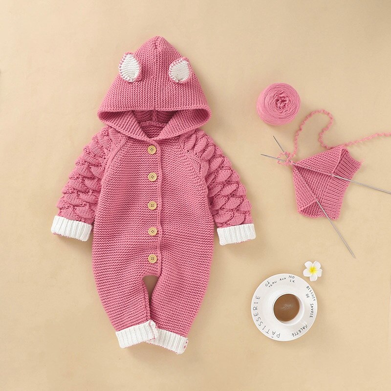 Winter Autumn Baby Sweater Romper Long Sleeve Hooded Newborn 0-24 Months Party Year Girl Boys Clothes Bebes Overalls: Pink / 12M