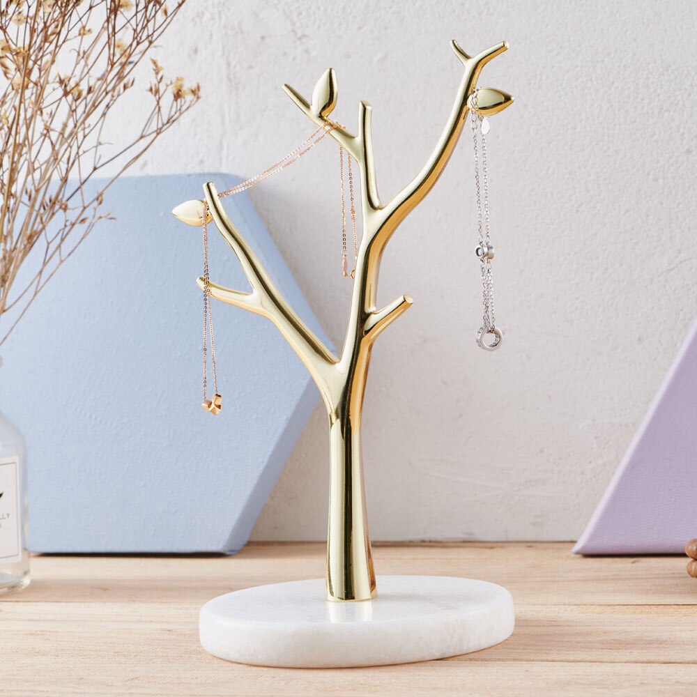 Árbol de joyería de mármol moderno, soporte de collar dorado, soporte de joyería para collares y anillos, organizador de joyas