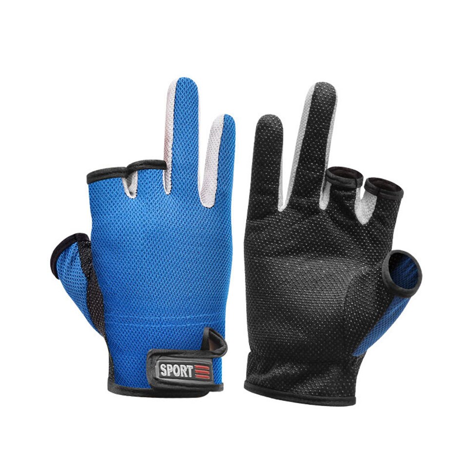 Guantes de pesca antideslizantes para hombre y mujer, equipo deportivo con 3 dedos cortados, para pesca al aire libre, 1 par: Blue
