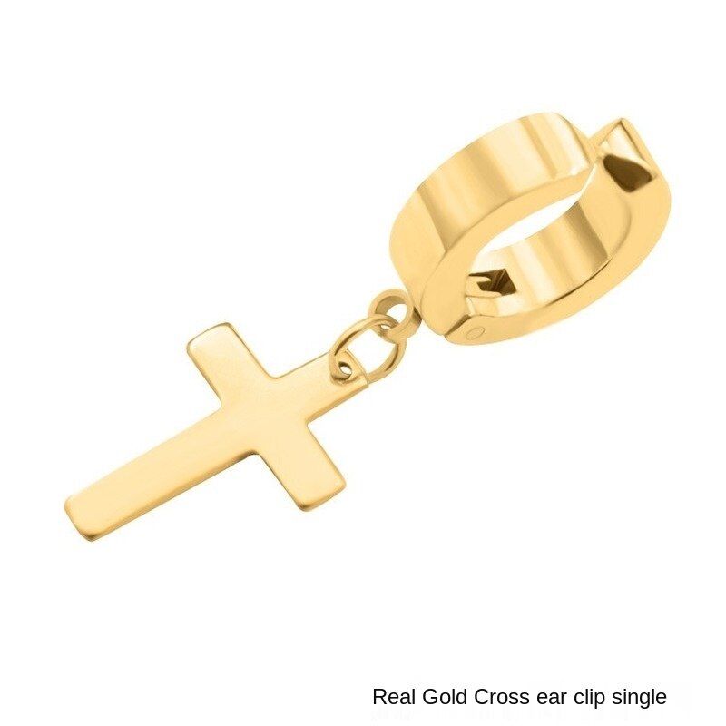 1 Pcs Rvs Clip Op Non Piercing Oorbellen Voor Vrouwen Mannen Zwarte Goud Kleur Cross Gothic Punk Rock Pendiente: style2gold