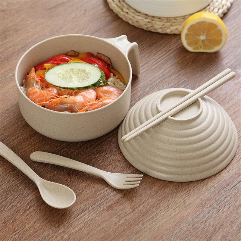 Cuenco de paja de trigo y fideos de estilo japonés, juego de vajilla ecológico con tapa y mango, tazón de sopa, tazón de arroz para ensalada y microondas