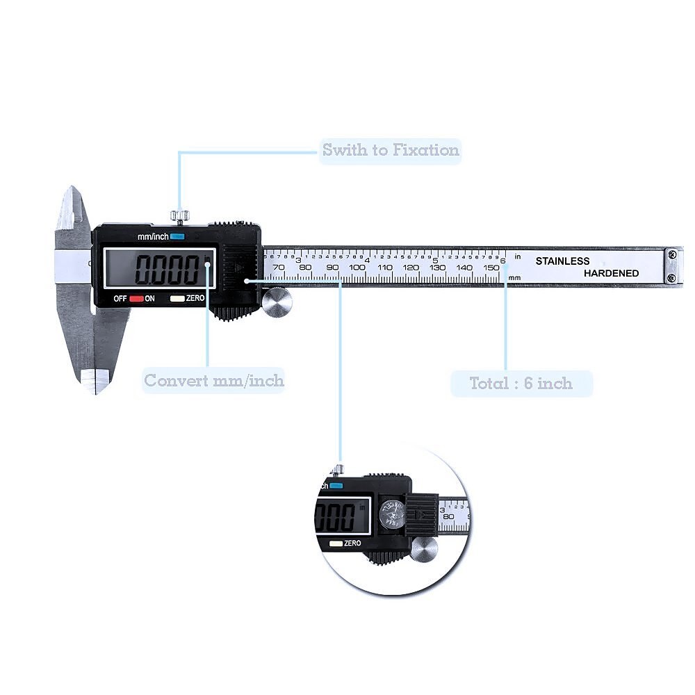 Vernier metrisk digital skydelære med lcd-skærm 0-6 tommer  / 150mm rustfrit stål elektronisk dybdemåleremåleværktøj