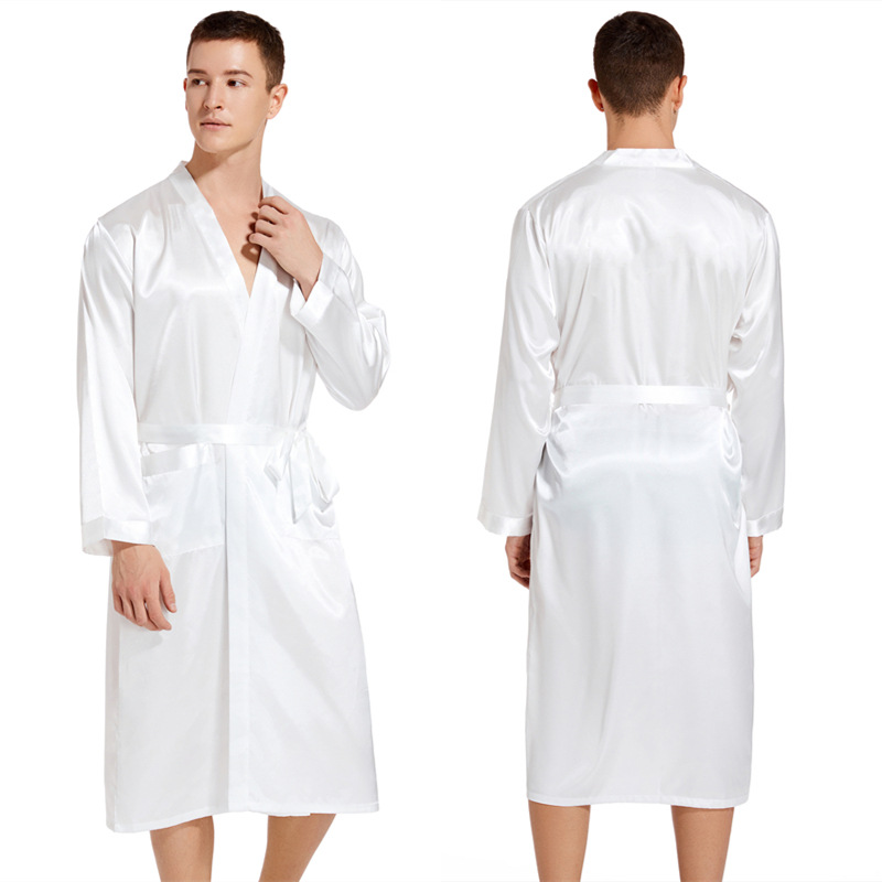 Hvit ensfarget langermet kinesisk herre rayon-kåpe kjole mannlig kimono badekåpe nattøy nattøy pyjamas sml xl xxl: S / Beige