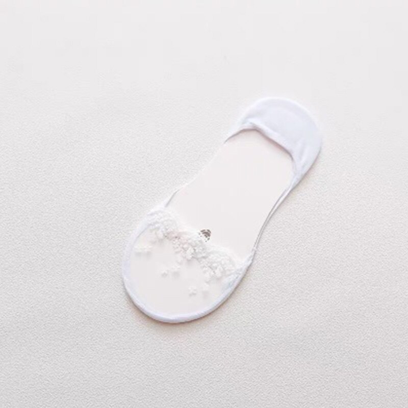 Calcetines invisibles antideslizantes con encaje para mujer, calcetín de corte bajo, bordado transparente: Blanco
