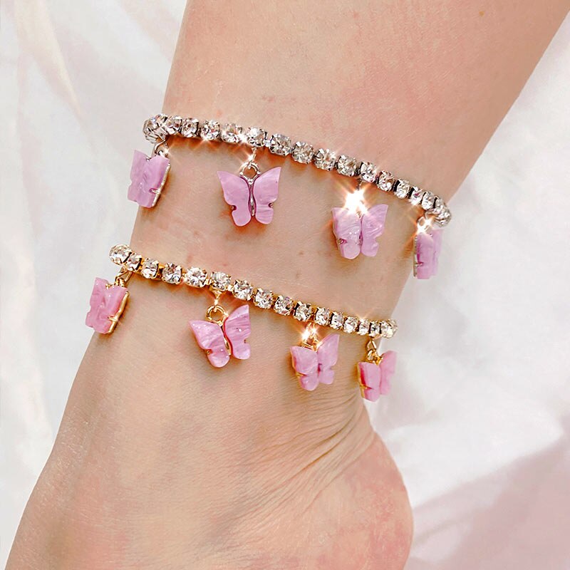 Flatfoosie Gold Silber Farbe glänzend Kristall Fußkettchen Schmuck für Frauen Einfache Schmetterling Anhänger Fußkettchen Sommer Strand Fuß Kette