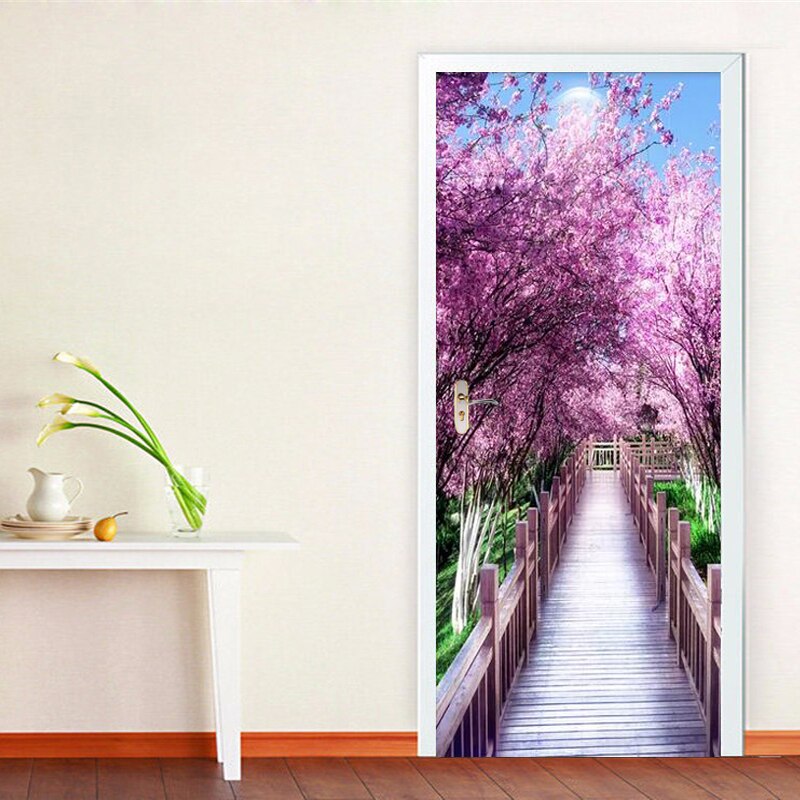 Cherry Blossom Avenue Scenery Door Sticker 3D Living Room Wedding House Wallpaper PVC Waterproof Home Decor Wall Decals Stickers