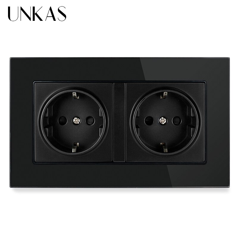 UNKAS Russia Spain EU Standard 16A Wall Socket Dual USB Charge Port Tempered Crystal Glass Panel Black White Grey Outlet: 146 EU Black