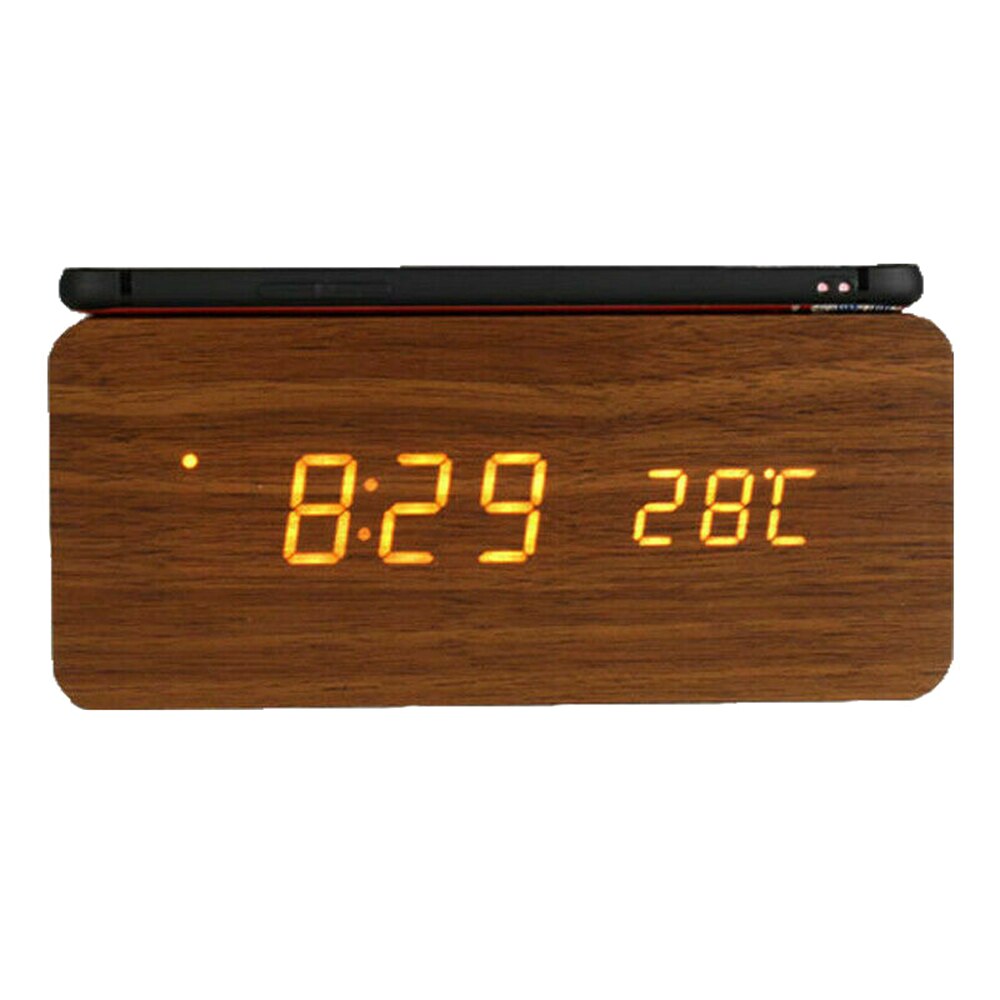 Multifunctionele Draadloze Opladen Klok Led Elektrische Digitale Wekker Qi Draadloze Telefoon Oplader Usb Klok Home Decor: Bruin