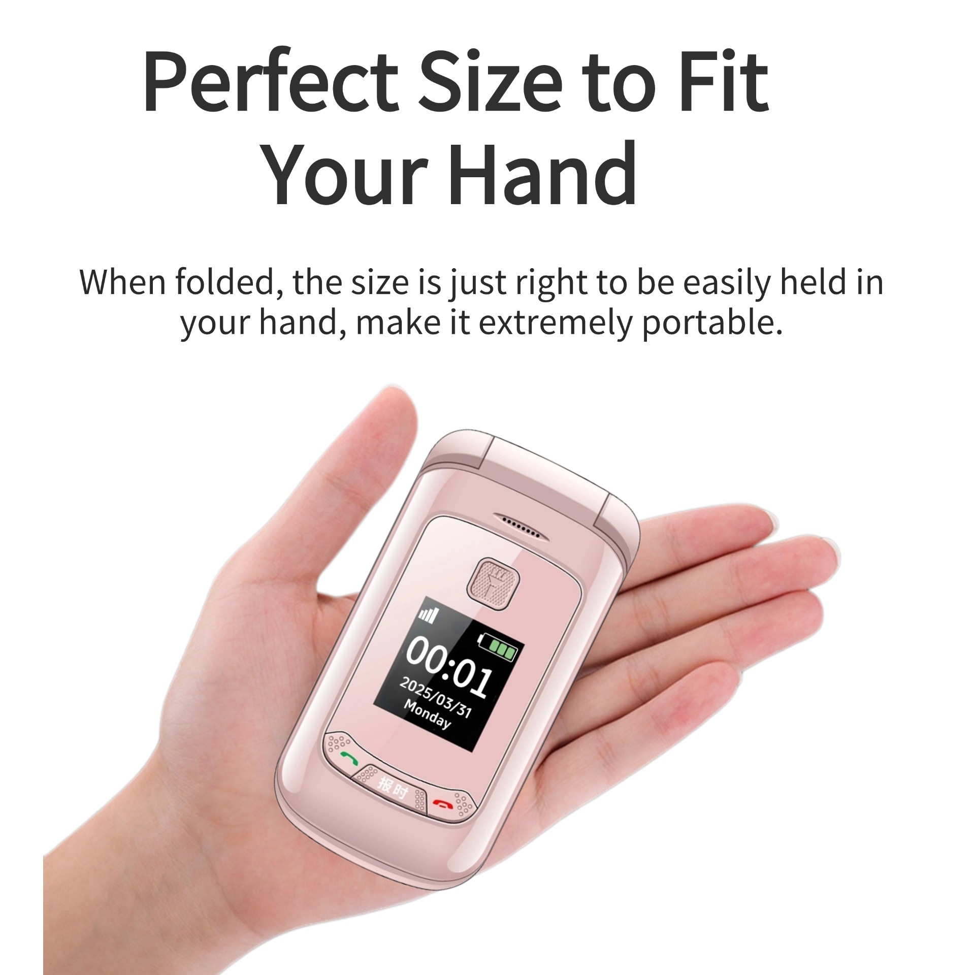 Rosa Mini-Flip-Telefon für Frauen, Dual-Screen, große Taste, SOS-Zifferblatt, Taschenlampe, Licht, Budget, Clamshell, mobiler Retro-Stil, langer Standby-Zeit