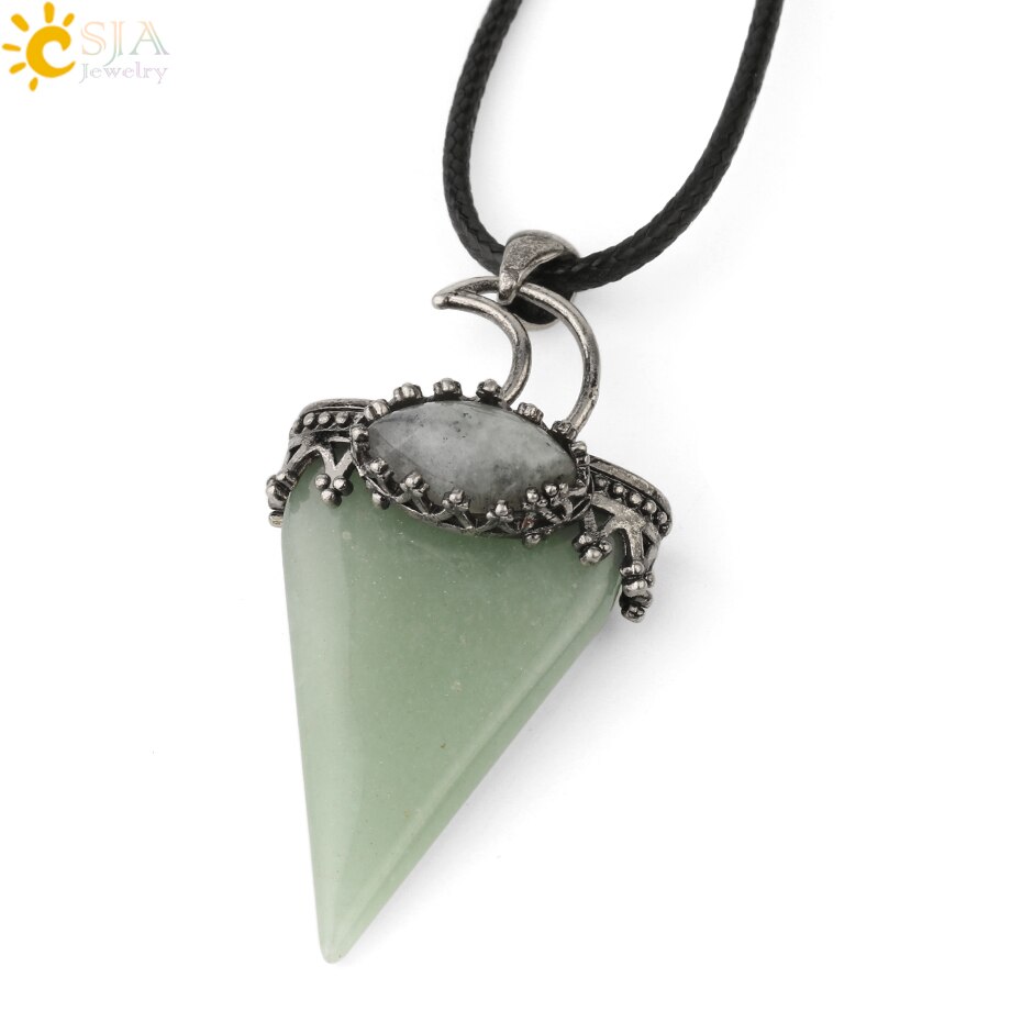 CSJA Natural Stone Triangle Pendant Necklace Antique Silver-color Crown Moon Labradorite Geometric Women Men Trendy Jewelry G324: Aventurine Chain