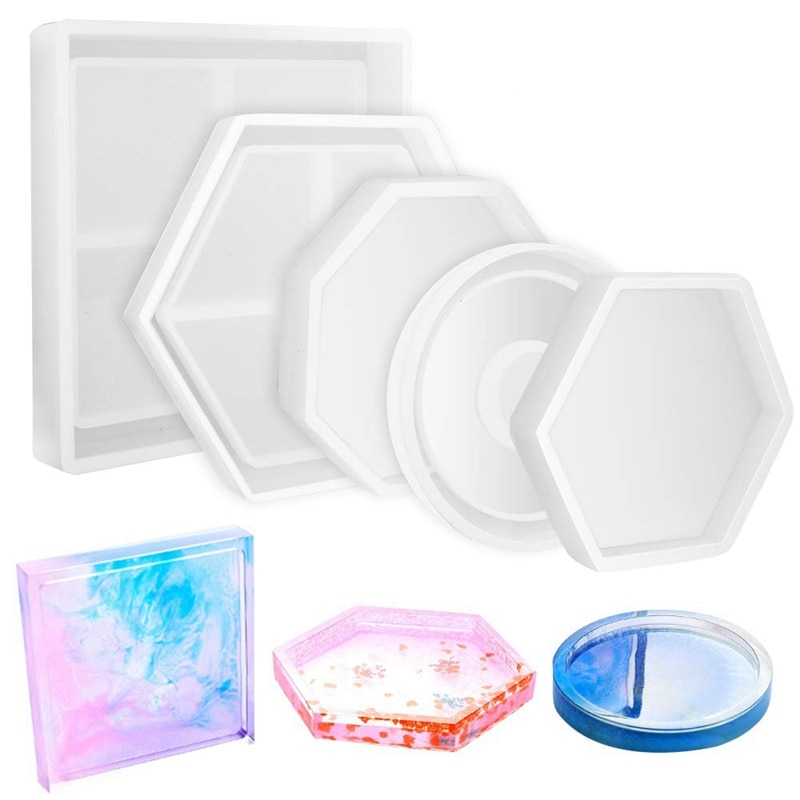5Pcs Diy Coaster Silicone Mold Included Square Hexagon Circle Octagon Mold For Resin, Concrete, Cement, Home Decoration