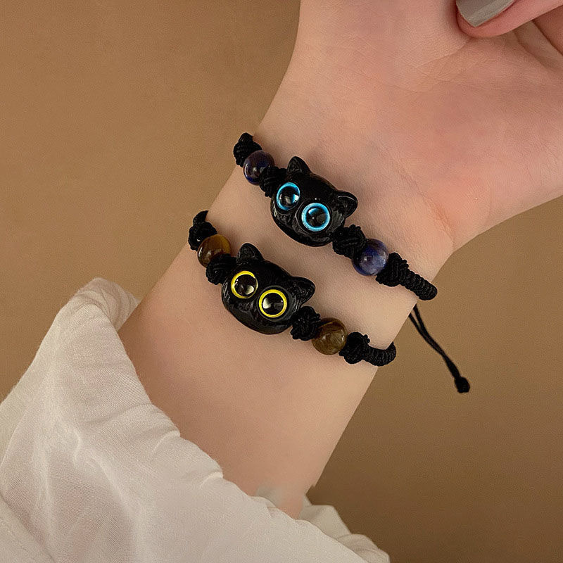 Pulsera de gato bonita hecha a mano para parejas, cuerda de mano única y para mujeres y hombres, pulsera tejida con cuentas, de joyería para la muñeca: Color marrón amarillo