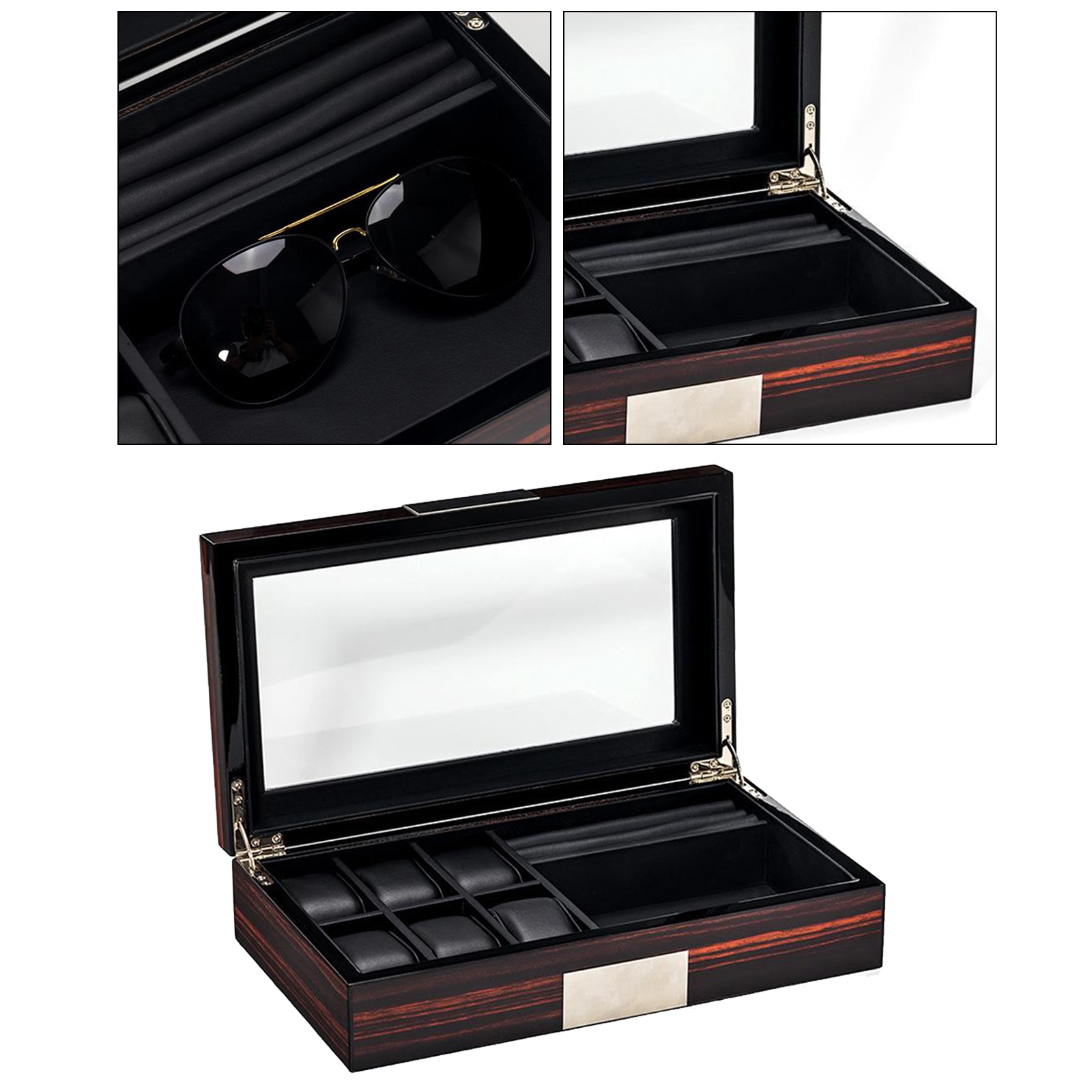 Horloge Box- Display Case & Organizer Voor Mannen Sieraden Horloge Houder 6 Horloge Slots & Brillen Slots Voor Zonnebril ringen