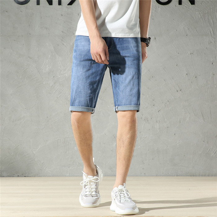 Summer Blue Denim Jeans Shorts Men's Straight Siml Fit Micro Elastic Business Casual Jeans Brand Clothing,TN327: 32