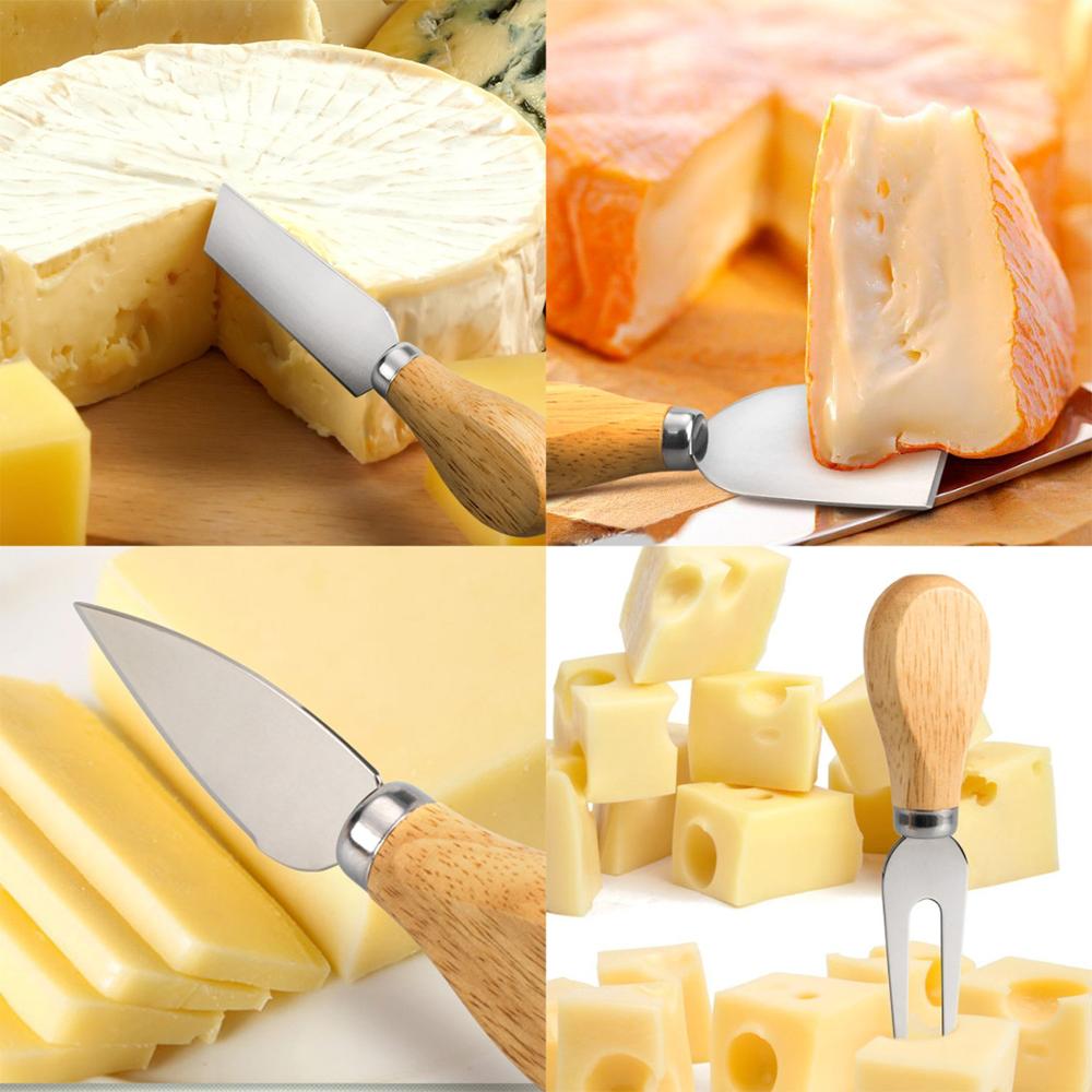 Juego de 4 cuchillos para queso, cubiertos para queso, cortador de queso de acero inoxidable, mango de madera, Mini cuchillo, cuchillo para mantequilla, espátula, tenedor