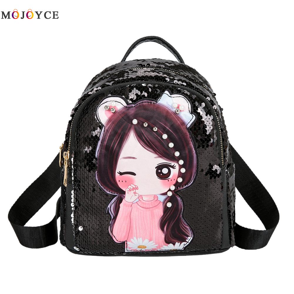 SchöNe Pailletten Frauen Mädchen Rucksack Karikatur Puppe Licht Schulter Schule Taschen: braun