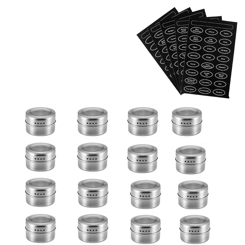 Magnetische Kruidkruik Set Met Sticker Rvs Spice Blikken Spice Opslag Container Pot Keuken Kruiderij Houder Keuken Tool: 16 pcs