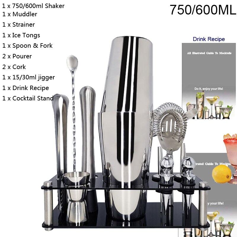 Stainless Steel Cocktail Shaker Muddler Strainer Tong Spoon Pourer Jigger Cork 550/750ml With Wine Rack Cocktail Recipe: 12Pc 750600ml Z Rack