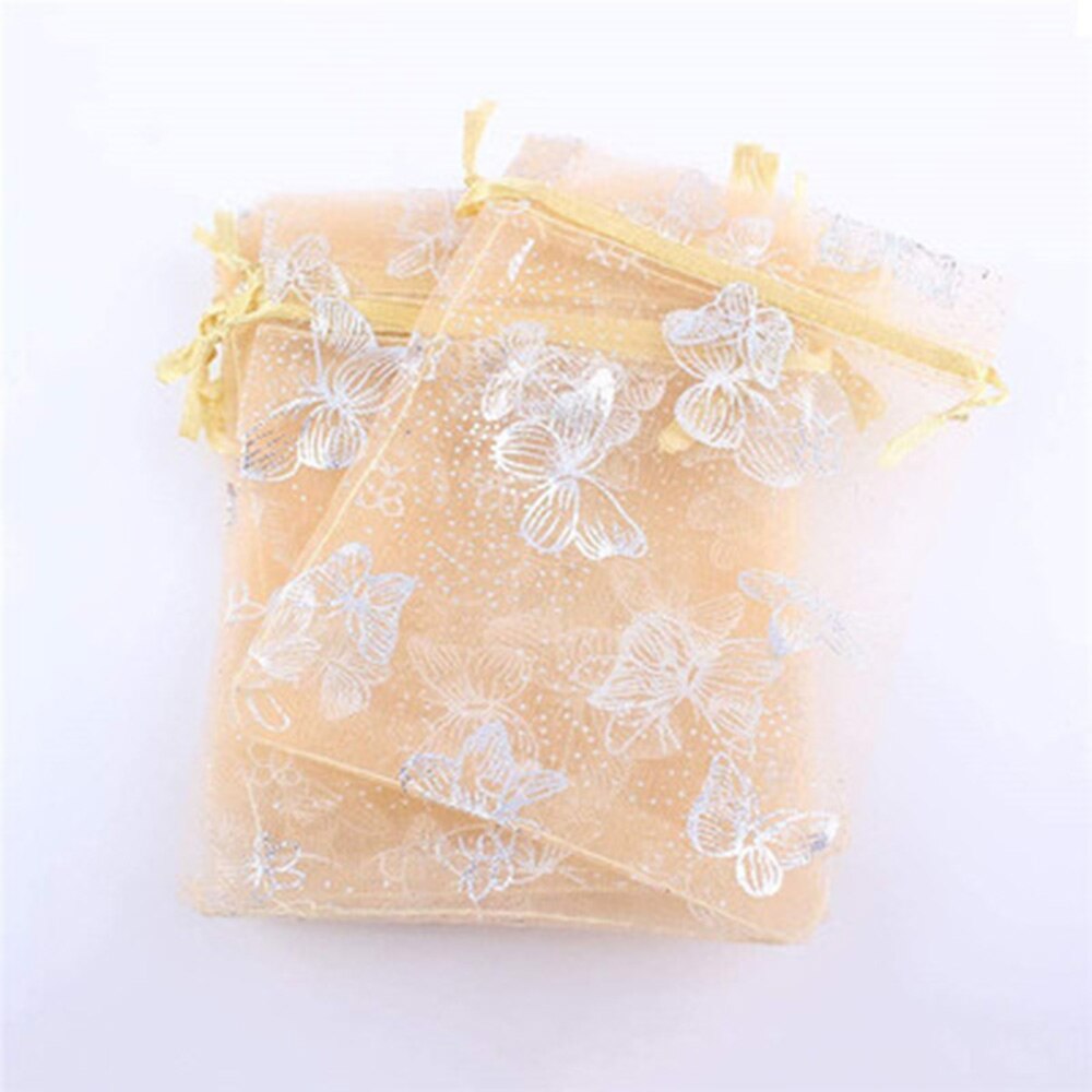 100 PCS 10 Colors Jewelry Butterfly Organza Bag 10x12cm Wedding Christmas Voile Organza Packing Drawstring Bag Pouch: Gold