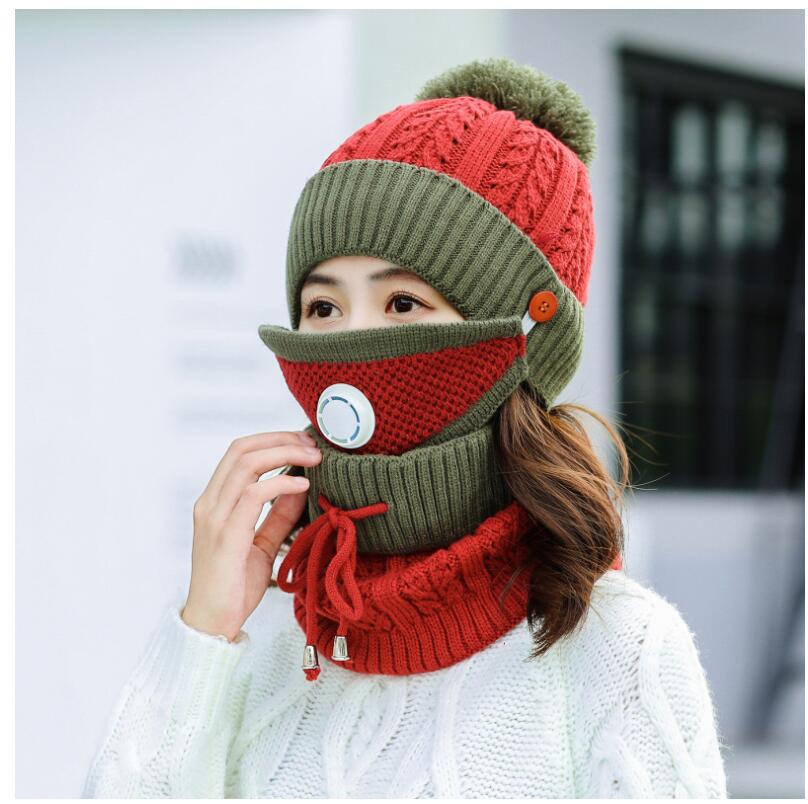 Winter Hoed & Sjaal & Masker Voor Vrouwen Warm Mutsen Ademen Sjaal Pompoms Gebreide Caps En Sjaal Masker 3 stuks/set: Zwart Groen
