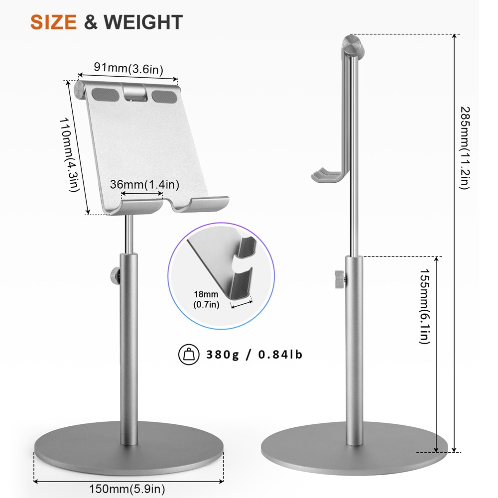Large Size & Height Adjustable Aluminum Tablet Stand 360° Rotation Desk Tablet Holder for iPad Tab Kindle Nintendo Switch(4-13")