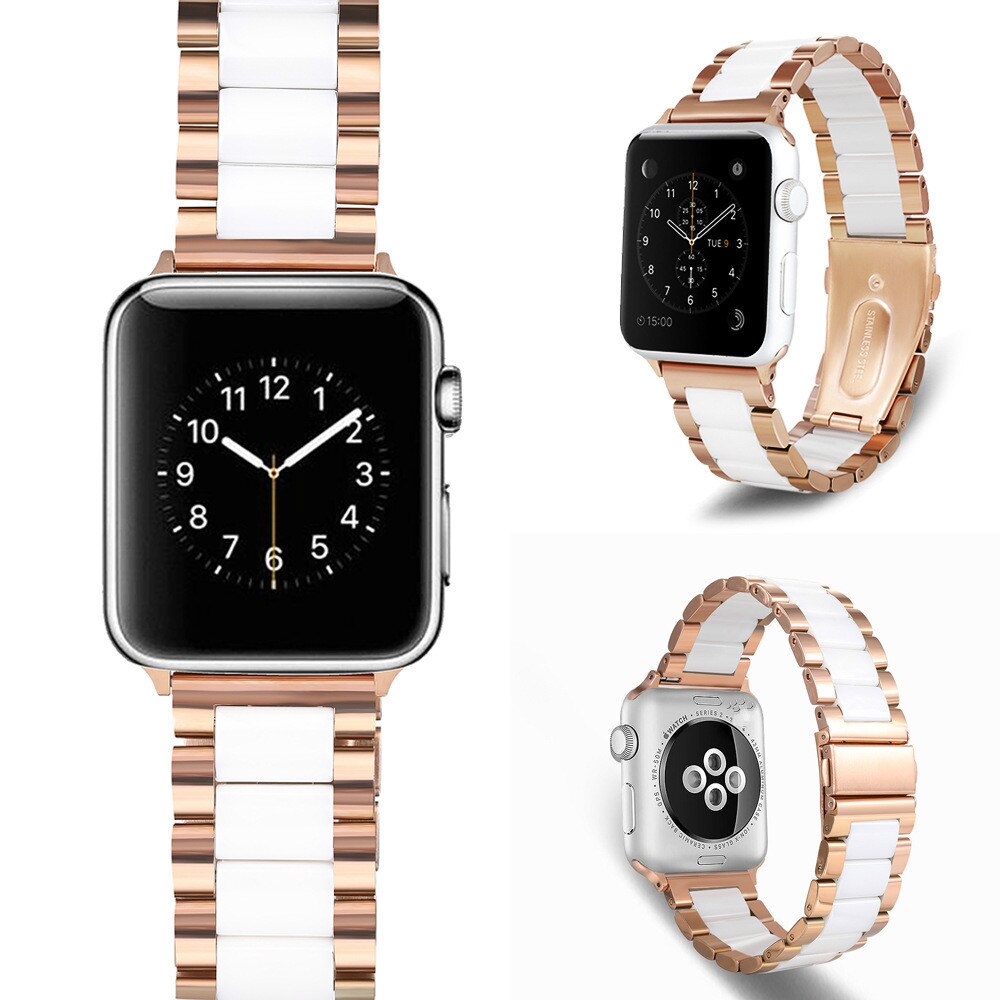 Bracelet en céramique pour Apple Watch, Bracelet en acier inoxydable, luxueux, pour Apple Watch, 5 4, 38mm, 42mm, 40mm, 44mm, iWatch, 5 4 3 2 1: Rose gold White / for 42mm 44mm