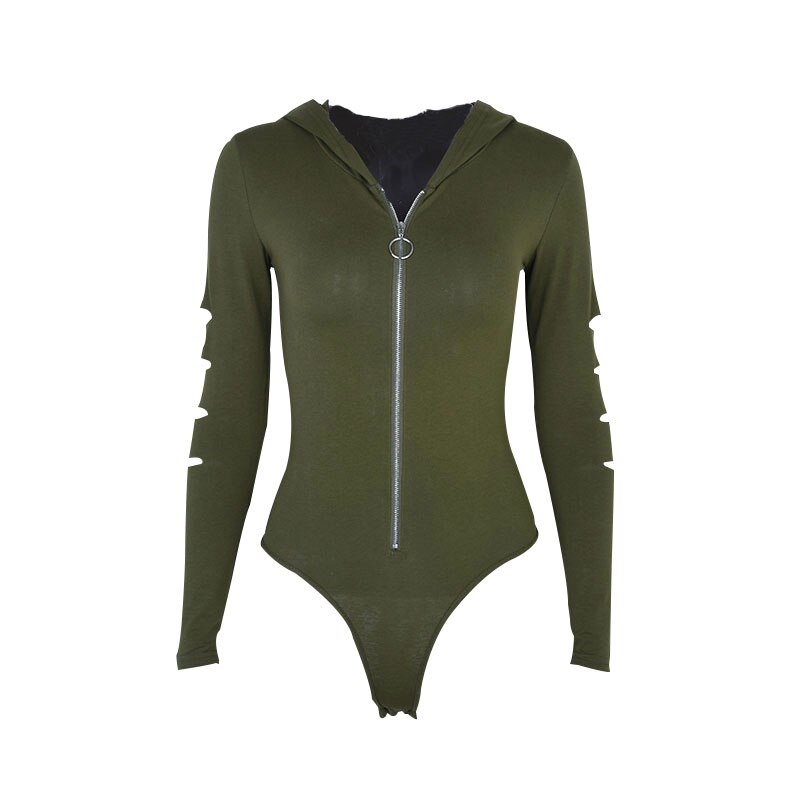 Dulzura Long Sleeve Hooded Sexy Cut Out Bodysuit Autumn Winter Female Army Zipper Green White Solid Hoodies Female