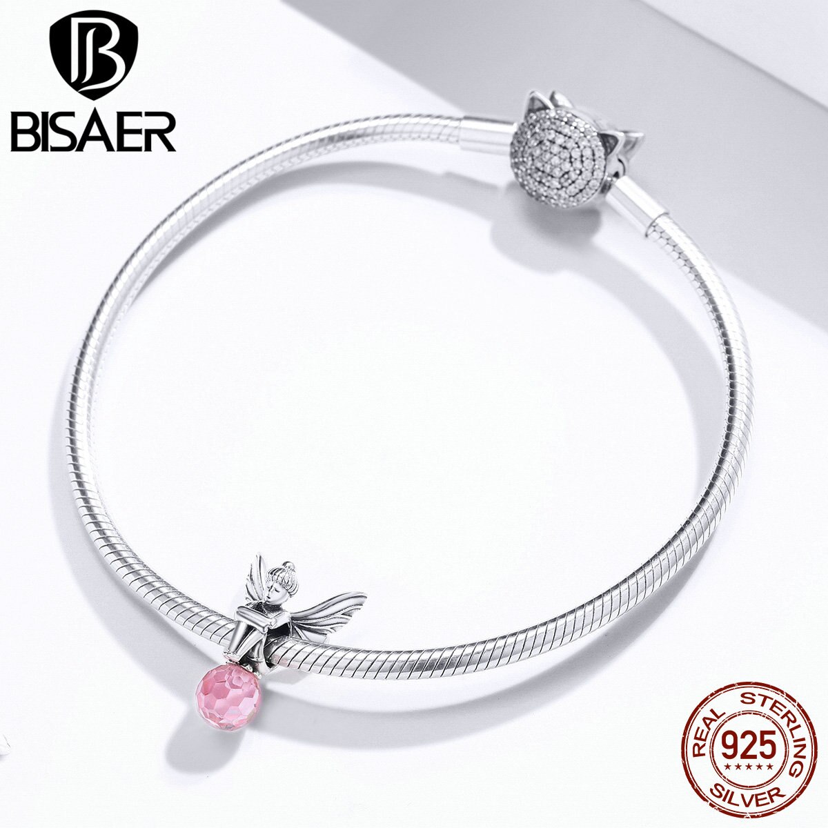 Cuentas de hadas BISAER, abalorios de Plata de Ley 925 de gran con forma de flor de elfo, cuentas de circonita rosa para joyería Original de plata 925 ECC1483