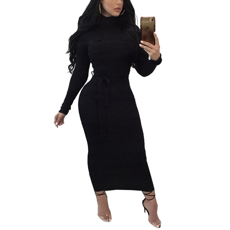 hoch Nacken angeschnallt Strickkleid Frauen Winter Kleid Langarm zur Seite fahren Kleid Weibliche Taschen Bodycon Büro Kleid Kleid MT2237