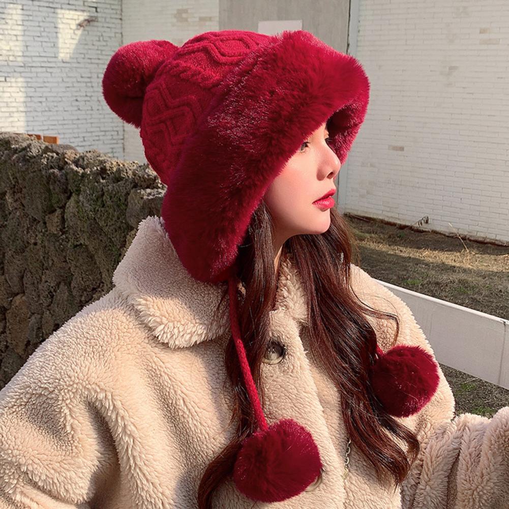 Lady Simple Cute Knitting Cap Female Women Cap Three Plush Balls for Dating