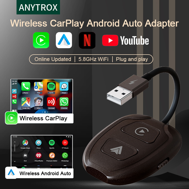Bezprzewodowy adapter Android Auto i Apple CarPlay 2 w 1, bezprzewodowy adapter 5,8 GHz do fabrycznie przewodowych samochodów CarPlay