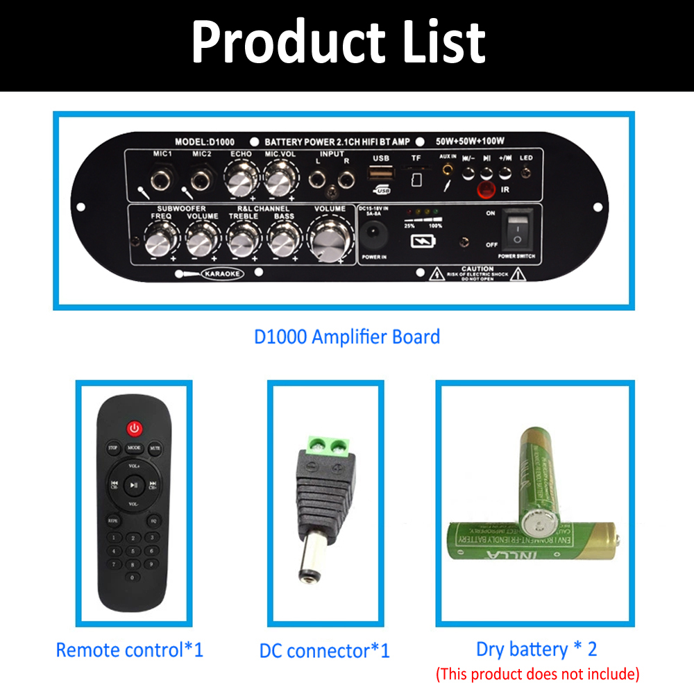 WOOPKER D1000 Bluetooth Amplifier Board 50W+50W+100W 2.1 Channel BT5.0 Rechargeable Subwoofer Amplifier for Car Home Karaoke: Default Title